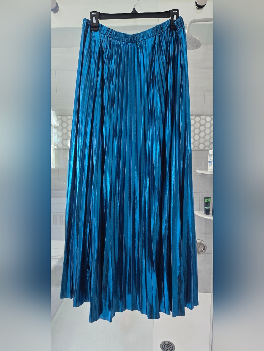 Dressed in LALA Metallic Teal Blue Pleated Maxi Skirt Worn 1x